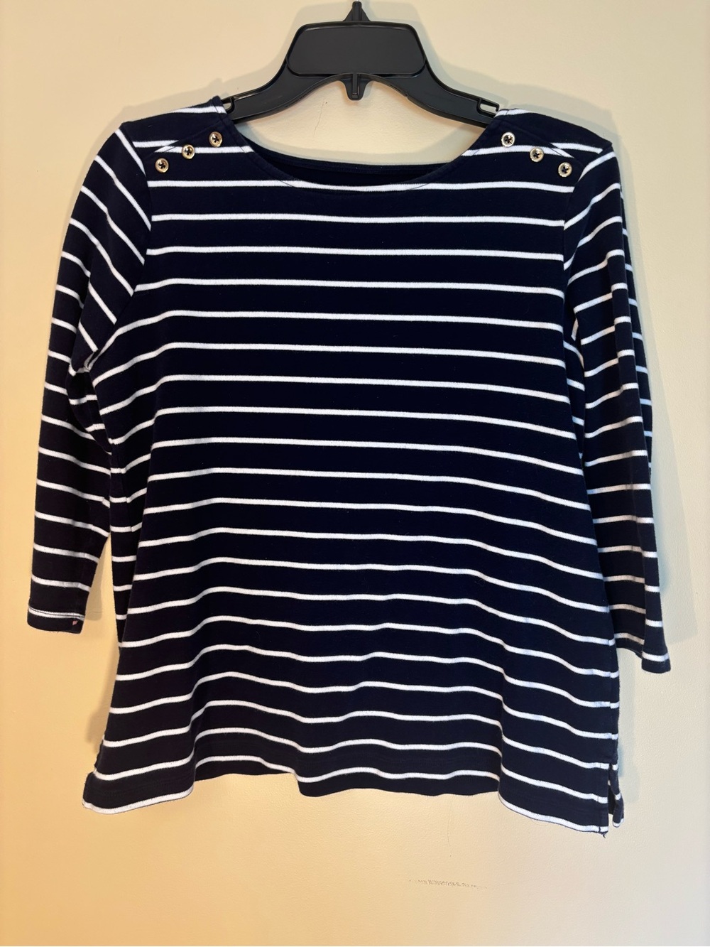 Kim Rogers Navy & White Striped Boatneck Top with Shoulder Buttons